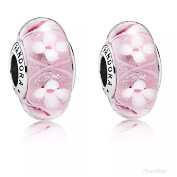 2 beads Auth Pandora Pink Field charm /box - Picture 1 of 6